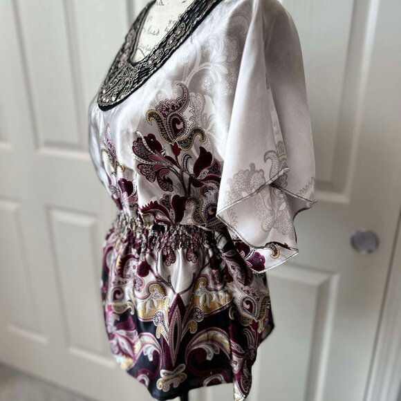 Satin Silver & Purple Paisley Batwing Sleeved Top with Beads & Gems for Accent - Picture 8 of 10